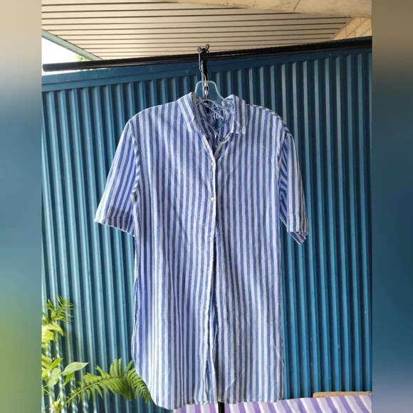 Zara Trafaluc Collection  Blue and White Pin Stripe Linen Long Shirt XS - Picture 3 of 8